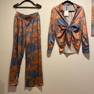 Silk Set, Nice for Vacation, collared and has strings to tie by v line